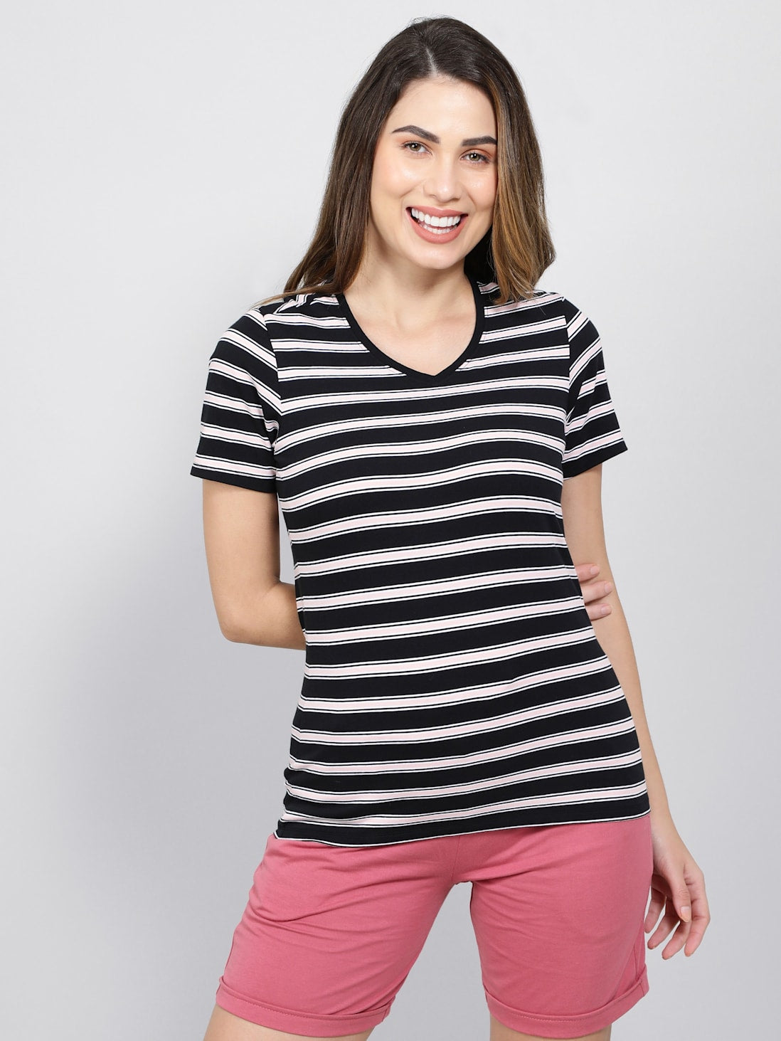 Jockey Women's Striped V Neck Half Sleeve T-Shirt- AW22