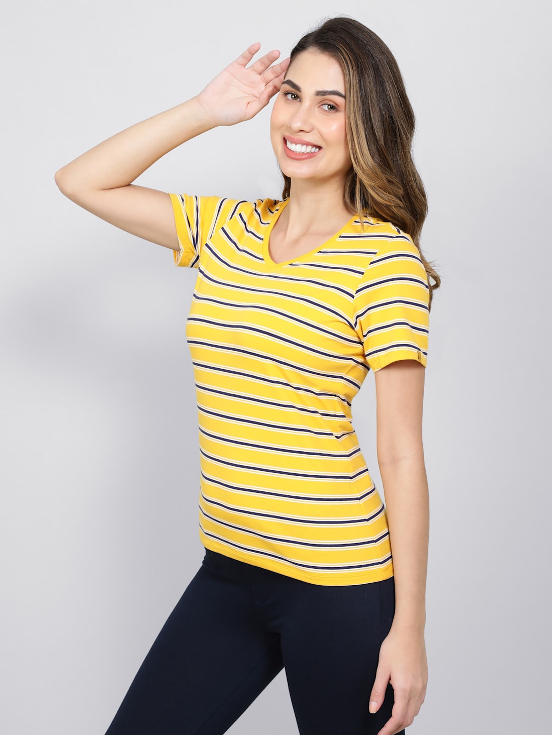 Jockey Women's Striped V Neck Half Sleeve T-Shirt- AW22