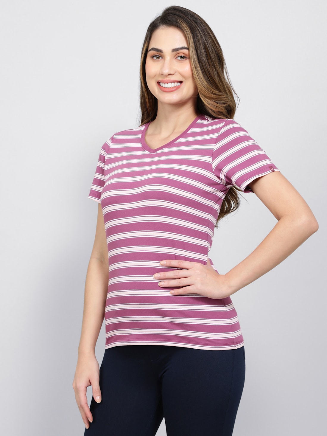Jockey Women's Striped V Neck Half Sleeve T-Shirt- AW22