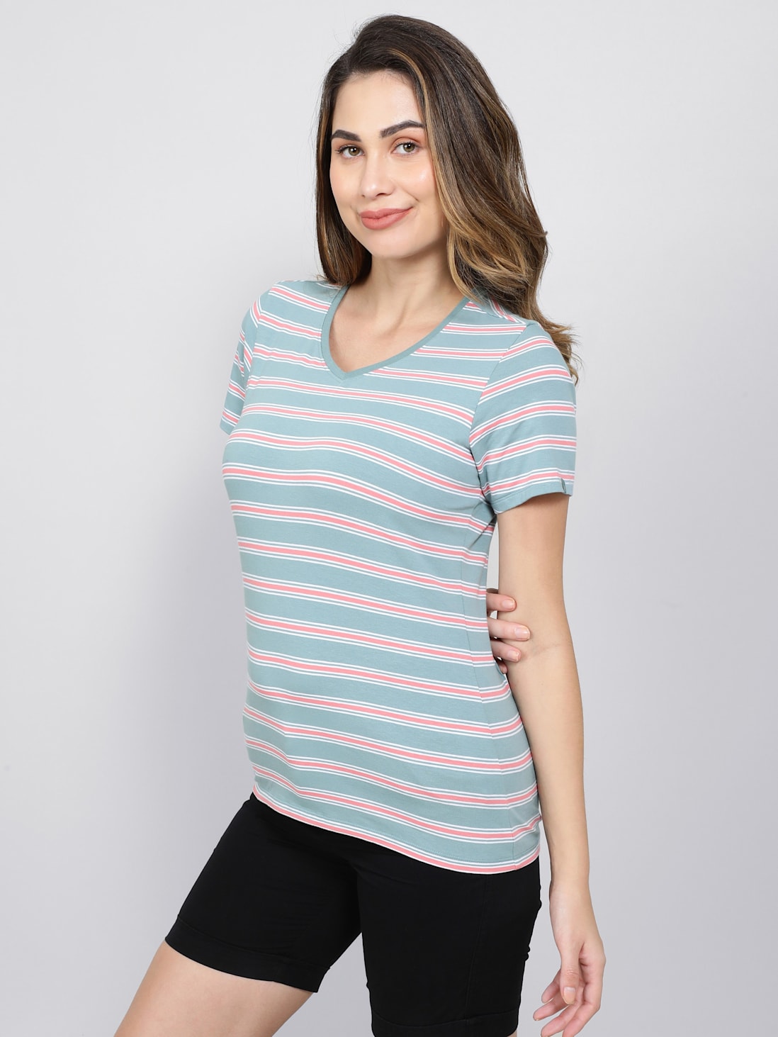 Jockey Women's Striped V Neck Half Sleeve T-Shirt- AW22