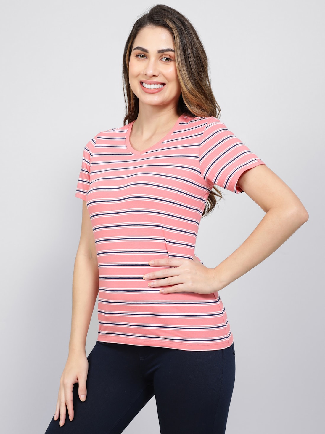 Jockey Women's Striped V Neck Half Sleeve T-Shirt- AW22
