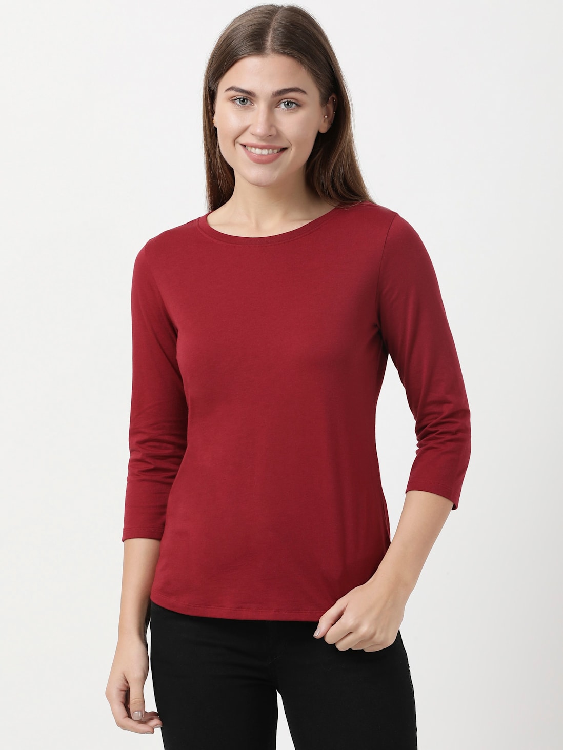 Jockey Women's Solid Round Neck Three Quarter Sleeve T-Shirt- A100