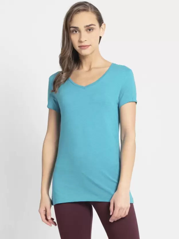Jockey Women's Solid V Neck Half Sleeve T-Shirt- 1359