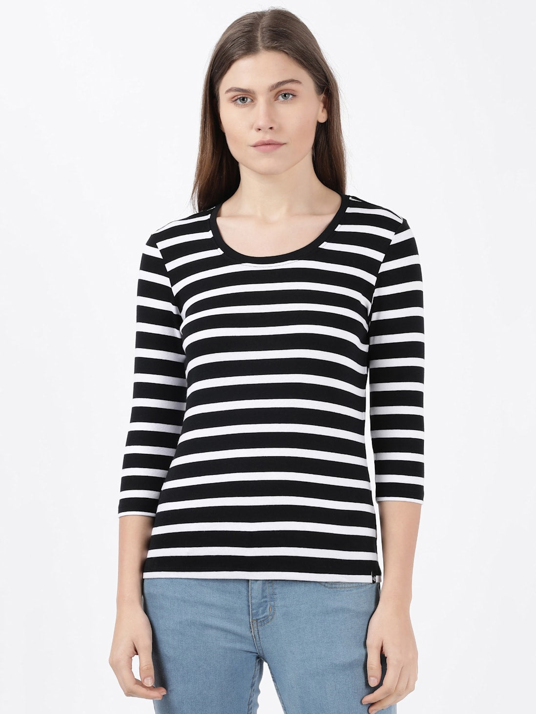 Jockey Women's Striped Round Neck Three Quarter Sleeve T-Shirt- 1360