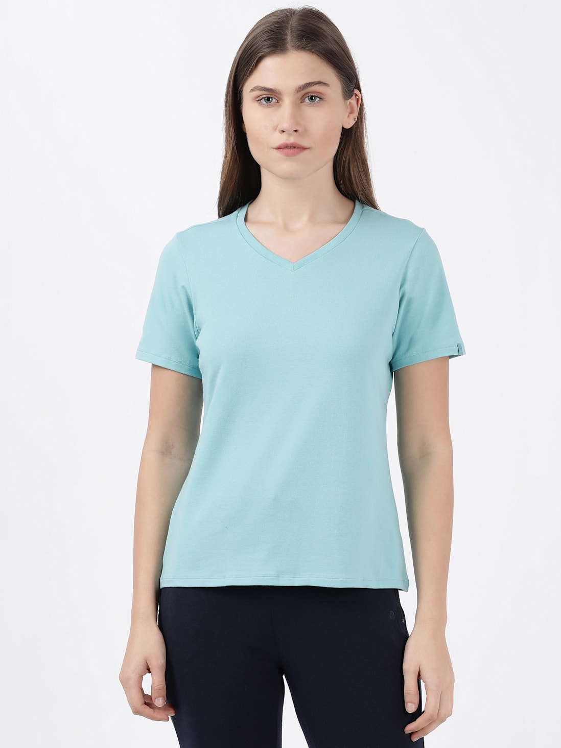 Jockey Women's Solid V Neck Half Sleeve T-Shirt- 1359